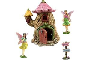 PRETMANNS Fairy Garden House Kit, with Accessories Figurines & Sign – House & Fairies for an Outdoor Miniature Garden – Door can open wide - 4 Pieces