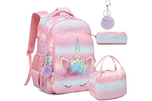 Kimwadalh Sac a Dos Fille Sac Ecole Fille Primaire Cartable Fille CP Multicolore Glitter Cartable Licorne Fille Sacs Scolaires,CE Set de 3 Pieces Cartables et Trousses et Sac à Lunch