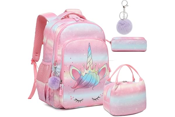 Kimwadalh Sac a Dos Fille Cartable Ecole Primaire Multicolore Glitter Licorne Set de 3 Pieces Trousses et Sac à Lunch