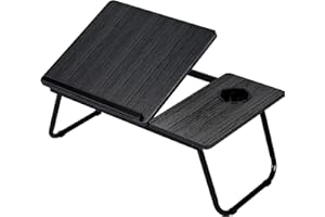 T-LOVENDO.ES Mesa Reclinable para Cama y Sofá, Bandeja Plegable con Portavasos, Ideal para Ordenador Portátil y Libros, con Cinco Alturas, Mesita Auxiliar Multiusos de MDF, Acero y Plástico
