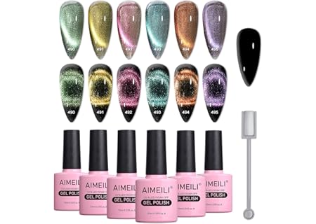 AIMEILI 9D Magnetic Gel Nail Polish Set med Magnetisk Pinne, Glitter Cat Eye Gel Nail Varnish UV LED - Amazon Deal & Rabatt