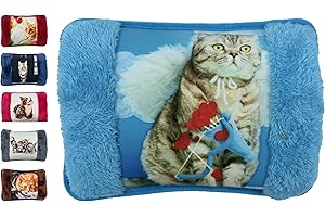 VITBEL Borsa Acqua Calda Elettriche con Morbida Fodera in Peluche; 500 watt;Temperatura max 75°C;utile come Scaldamani e Scaldapiedi;Ideale per Alleviare Dolori Muscolari,Dorsali e Mestruali (Gatto-Azzura)