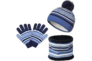 MZSYLK Kids Winter Beanie Hat Scarf Gloves Set Neck Warm Fleece Lining Pompom Knitted Hats 3 in 1 Double Layer Hat Gifts for Boys Girls Aged 2-7