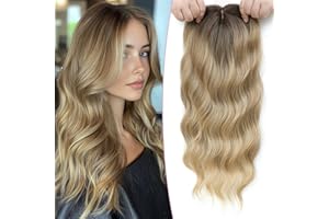 Lasunork Topper per capelli da donna, ondulato e riccio, con clip in pizzo legato a mano, con frangia (biondo castano con radice scura)