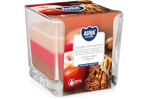 BISPOL AURA Świeca w kwadratowym szkle, trójkolorowa, zapach: jabłko-cynamon 32h