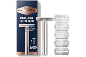 KING C. GILLETTE Gillette King C Rasoir De Sûreté Pour Hommes A Lame Unique Pour Rasage De Près Plus Précis, Coffret Barbe Homme Avec 5 Cartouches De Recharge Pour Remplacement Facile, Manche En Métal