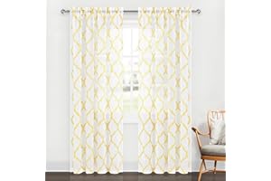 DWCN Moroccan Embroidered Sheer Curtains - Faux Linen Rod Pocket Geometric Semi Voile Drapes Bedroom and Living Room Curtains, Set of 2 Window Curtain Panels, 52 x 95 Inches Long, White & Yellow
