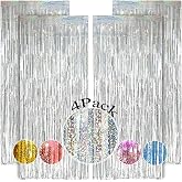Silver Party Curtain with Tinsel 1 x 2.5 m, OEMG 4 Pack Fringe Curtain Birthday, Metallic Curtains Tinsel, Photocall Curtains