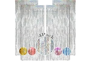 OEMG Rideau Métallique de Frange Argenté 1x2.5m - 4Pcs Rideau Frange Argenté, Rideau Paillette Anniversaire pour Noel Decoration Disco Rideau Brillant Fête