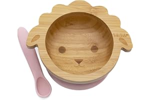 Koko Kids® Bol à ventouse en bambou d'agneau et cuillère en silicone – Gamelle pour bébé et enfant avec anneau d'aspiration puissant (rose)