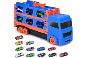 Xoolkly Transport Truck Toy Cars for Boys, Portable Race Track With 12 Cars, Folding Storage 2 Ejection Track, Carrier Toys Set for Boys Girls Aged 3-6, Blue