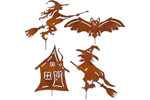 ALEMIN 4 Stück Roststecker Halloween Deko Set, Rostfigur Hallöween Fledermäuse Dekor, Halloween Hexen Herbstdeko,Rostfigur Gartenstecker, Rost Haus Gartendeko für Draußen Gärten Rasenflächen Pflanzgefäße