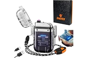Zactly AL11 Transparent Electric USB C Rechargeable Plasma Candle Lighter Dual Arc with LED Flashlight, Whistle, Lanyard & Battery Indicator, Waterproof Windproof Camping Outdoor Survival Tool (BLACK)