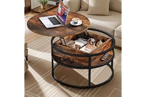 DWVO Couchtische für Wohnzimmer, runder Couchtisch, Couchtisch mit Ablagefläche und verstecktem Fach, rustikaler Couchtisch, Kleiner runder Couchtisch, Holz-Mitteltisch, rustikales Braun