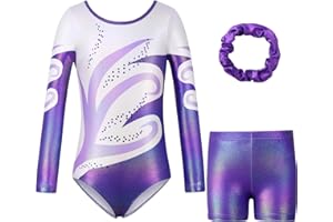 Valcatch Girls Gymnastics Leotards Three-Piece Gymnastics Set Long Sleeve/Sleeve Leotards with Shorts and Hairband Sparkling Ballet Dancing Unitards Athletic Outfit 5 6 7 8 9 10 11 12 Years