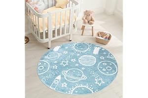 carpet city Tapis pour chambre d'enfant - Bleu - 120 cm - Rond - Pour enfant - Avec étoiles, missiles, planètes - Poils doux