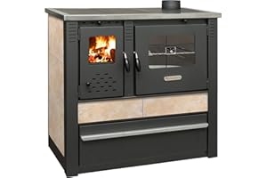 ProTermo Kaminofen Panonia in Beige mit Abzug rechts - 10,54 kW Heizleistung - 90x51x85 cm Holzofen mit Backfach, Thermometer und Herdplatte - ohne selbstschließender Tür - Bauart 2
