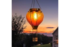 pearlstar Hot Air Balloon Solar Garden Light with Flickering Flame, Hot Air Balloon Light, Outdoor Solar Lantern Waterproof for Yard Patio Farmhouse Decoration, Stained Glass Gradient Orange