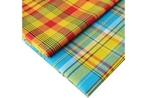 DESIGNERS-FACTORY Véritable Tissu madras 100% coton oeko tex - Duo de 2 coupons - [50cm x 1m60] pour chaque coupon. (Duo 50cm x 1m60, Jaune/Turquoise)