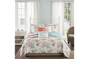 Madison Park Quilt Set Cottage Coastal Design, Starfish Print, Cotton, Coral Multi, Full/Queen (90 in x 90 in)