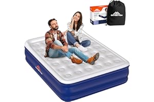 Vivo Technologies Luxury High Raise Flocked Double Air Bed, Waterproof Blow Up Mattress with Built-in Pump & Storage Bag, Quick Self Inflation Deflation Airbed for Guests, Camping & Home Use