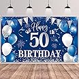 50th Birthday Backdrop Banner,BTZO Happy 50th Birthday Decorations,Blue Silver Fabric Photo Backdrop Background for Men and Women 50th Birthday Party,180×110cm