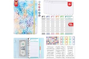 VOMKELA Budget Planner Deutsch,A6 PU Leder Budget Binder Cash Stuffing,Geld Organizer Sparen Mappe Einschließlich 12 Budgetplaner,12 Klaren Geldumschlägen,14 Monatliche Planer,60 Haftnotizen (Typ 5)