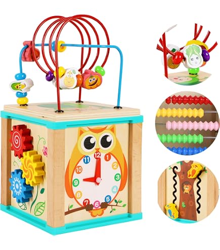 Balinco – Cube de Motricité Montessori pour Bébés dès 6 Mois – Jouet de Motricité en Bois avec Fruits & Perles à Faire Glisser – pour la Dextérité & Le Développement Sensoriel