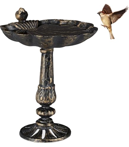 COSTWAY Vasca per Uccelli da Giardino a Energia Solare, Abbeveratoio e Mangiatoia per Uccelli da Esterno con 2 Lampade a Energia Solare, Fioriera e Supporto Riempibile (Bronzo, 43 x 43 x 110