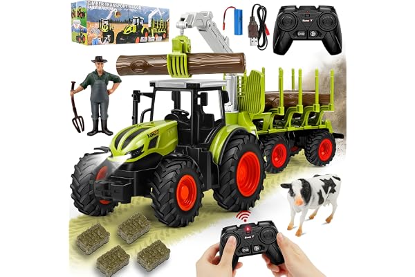 BuzzoXerex Tracteur Telecommandé Enfant, RC Tracteur Telecommande avec Remorque, Vache, Jouet Ferme Tracteurs pour Enfants à Partir de 3 4 5 Ans