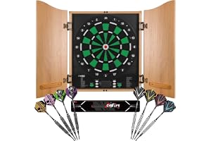 CyeeLife Elektronisk darttavla med träskåp, elektronisk darttavla med 34 spel och 355 varianter, 8-spelarläge, LED-skärm, tysk röst