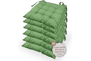 casaviva - Cuscini Coprisedie 100% Cotone Stampato Effetto Lino - Cuscini Sedie Cucina Set da 6 Pezzi VERDE SALVIA - Cuscini per Sedie Antidecubito 9 Impunture Con Lacci