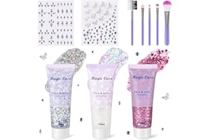 DazSpirit 3 Stück Body Glitter Gel mit 2x Glitzersteine Selbstklebend und Pinsel, DIY Glitzer Strasssteine Gesicht Festival, Sequins Chunky Glitter Gel und Steine für Make Up (Weiß, Silber, Rosa)