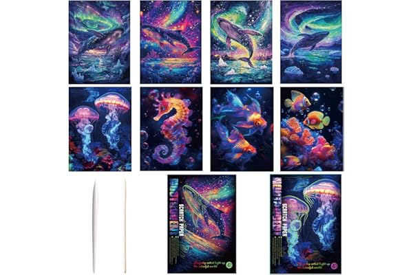 Georgie Porgy Scratch Art Kit pour Enfants Adulte Magic Rainbow Papier à gratter A4 Scratch Paper Painting pour Noël Cadeau d'anniversaire (A4-Noctilucent Baleine + Monde marin)