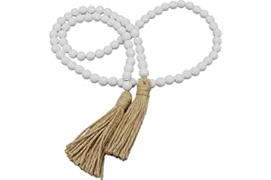 CVHOMEDECO. Wood Beads Garland with Tassels Farmhouse Rustic Wooden Prayer Bead String Wall Hanging Accent for Home Festival Decor. White