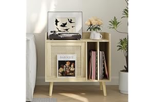 Semiocthome Record Player Stand with Vinyl Storage, Record Player Table with Rattan Cabinet Door, Vinyl Record Holder with Display Area, Side Table with Solid Wood Legs for Turntables for Living Room