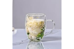 LEKUNI tazas de cafe con Flores Secas, 350ml vasos cafe cristal, taza doble pared cristal, tazas cafe espresso de Vidrio Transparente para nespresso, Espresso, leche, Té(verde)