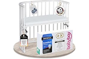 ‎BABYBAY babybay Original Beistellbett aus massivem Buchenholz / kompakt & verwandelbar / Kinderbett Höhe stufenlos verstellbar & umweltfreundlich / mitwachsendes Babybett (weiß lackiert) / inkl. Matratze