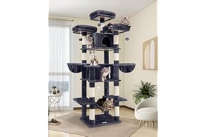 Globlazer Arbre à Chat Grand XXL Hauteur 204 cm avec 3 Perchoirs Rembourrés, 2 Niches, 2 Paniers, Hamac, Arbres a Chats Stable pour 3-5 Chats Adulte Repos Jeu Gratter Intérieur (F80, Gris Foncé)