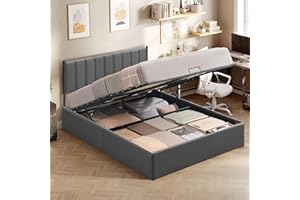 VASAGLE Struttura Letto, 160 x 200 cm, Letto Sollevabile con Contenitore, Testiera, Sollevamento Idraulico, Moderno e Semplice, Montaggio Facile, Grigio Scuro RMB615G02