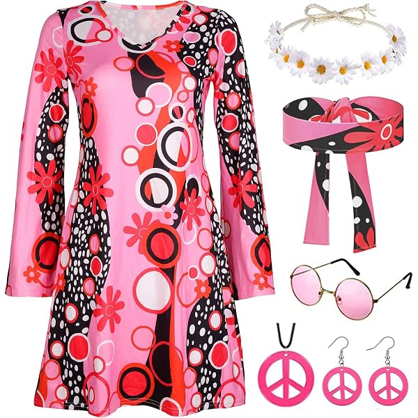 JINGTOPS Costume hippie des années 60 et 70 pour femme, robe hippie, tenue disco des années 70, costume hippie, pour carnaval, fête, cosplay, avec signe de paix, boucles d'oreilles, collier, bandeau JINGTOPS Costume hippie des années 60 et 70 pour femme, robe hippie, tenue disco des années 70, costume hippie, pour carnaval, fête, cosplay, avec signe de paix, boucles d'oreilles, collier, bandeau
