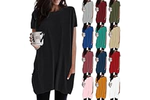 GENERIC Damen Lang Shirt Rundhals Kurzarm Oberteil Einfarbig T-Shirt Tunika Loose Casual Kurzarmshirt mit Tasche Elegant Pullover Sweatshirt Lässig Tops Rundkragen Oversize Longshirt