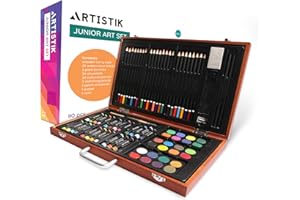 ARTISTIK Junior Art Set – 80-Piece Kids Art Set with Wooden Case for Teens and Adults – Professional Creative Watercolor Painting, Coloring, and Drawing Kit