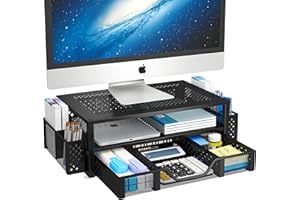 Simple Trending 2 Tier Metal Monitor Stand Monitor riser and Computer Desk Organizer with Drawer and Pen Holder for Laptop, Computer, iMac, Black