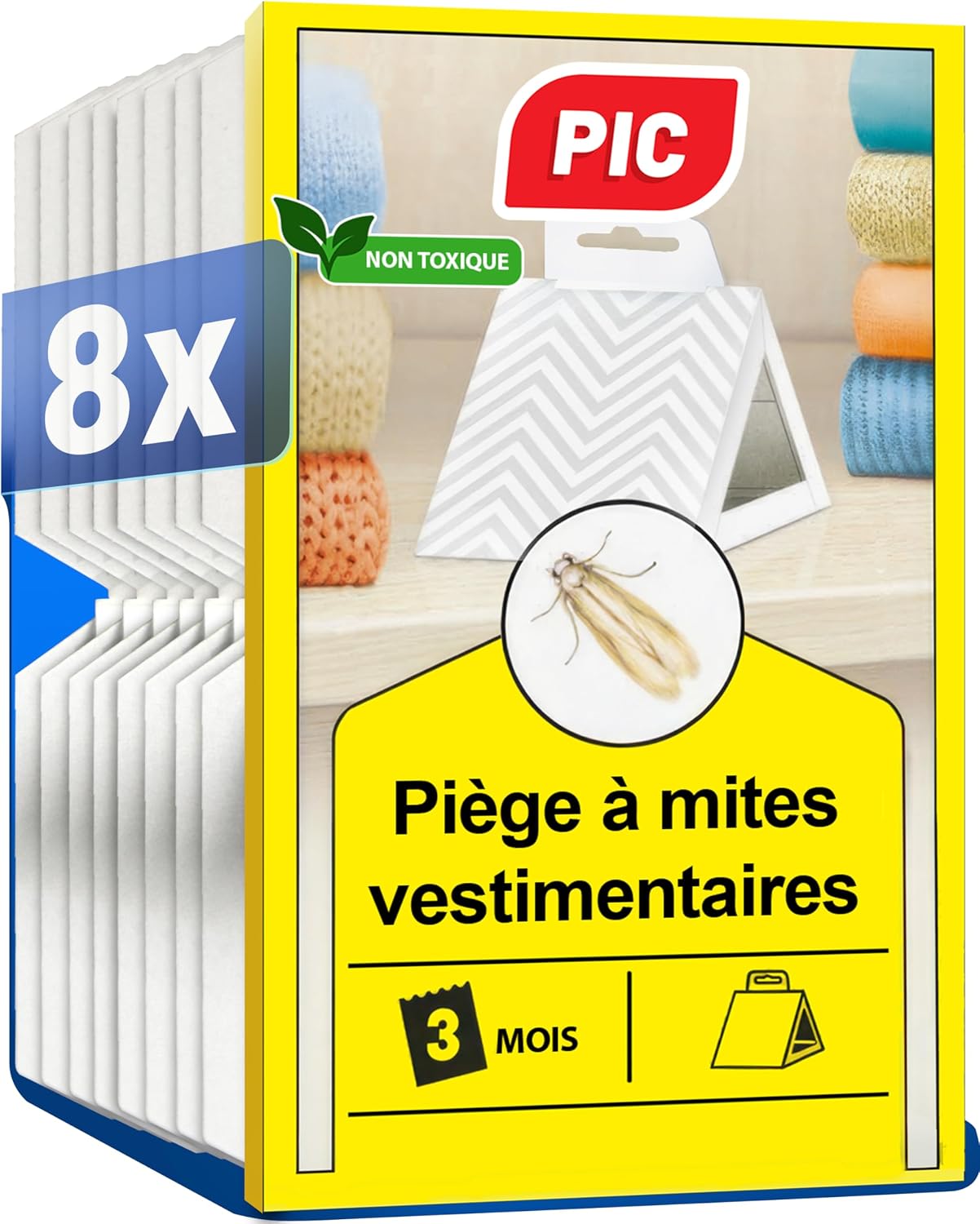 PIC Anti Mites Textiles – Piège à Phéromones, Lot de 8 pour Penderie | Inodore et sans insecticide, efficace jusqu'à 3 mois, détection précoce dans dressings et tiroirs de rangement