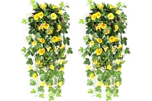 Dihope Fiori Finti da Esterno Gloria Mattutina 2 Pezzi Fiori Artificiali Pendenti per Decorazioni Piante Finte da Interno Cadenti con Fiori per Parete Giardino Balcone Matrimonio Patio, Giallo