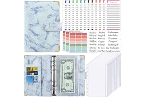 KIHONI A6 Budget Planner Deutsch, Budget Planer Geld Organizer mit 12 Binder Taschen a6, 12 Budgetblätter Deutsch, Etikettenaufklebern Marmor-Leder Sparbuch für Reisen,Tagebuch und Geschenk