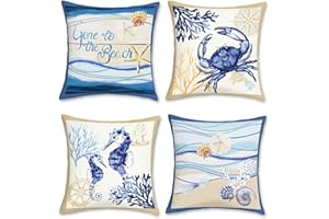 Bonhause Poszewki na poduszki z motywem plaży nad morzem, 45 x 45 cm, konik morski, rozgwiazda, koral, dekoracyjne, miękkie, aksamitne poszewki na poduszki na sofę, patio, do domu, dekoracja letnia,