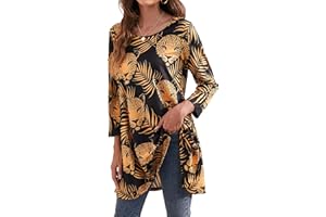 Enmain Tunique Femme 3/4 Manches Longues col Rond Blouse Longues Tunique Top pour Femmes Casual Élégant Chic Floraux Swing T Shirt