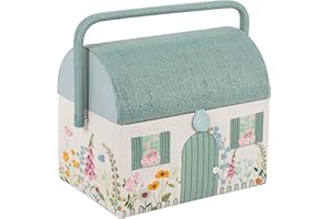 Hobby Gift Caja de costura bordada: diseño floral estilo cabaña de campo, techo y asa de mimbre, incluye bandeja interna de plástico con compartimentos para artesanos creativos - 21 x 30 x 26 cm